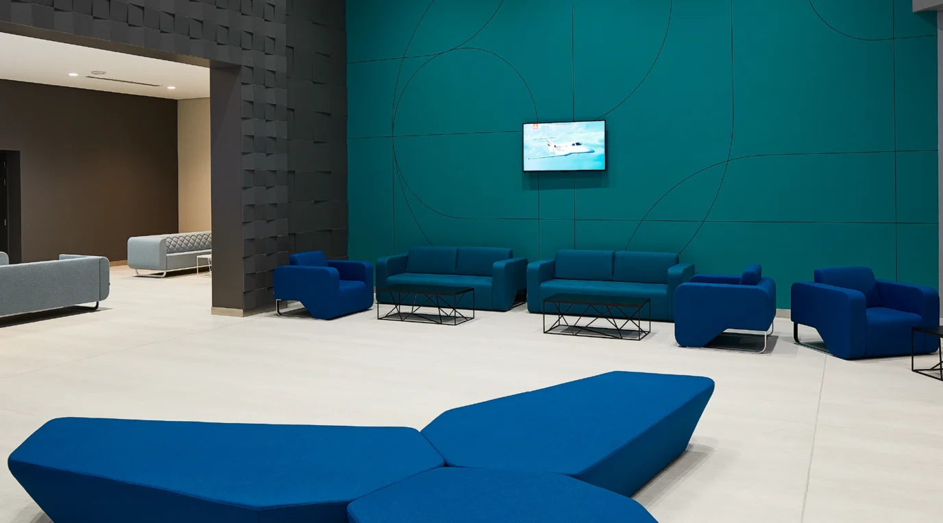 The branded student commons inside the Emirates Flight Training Academy
