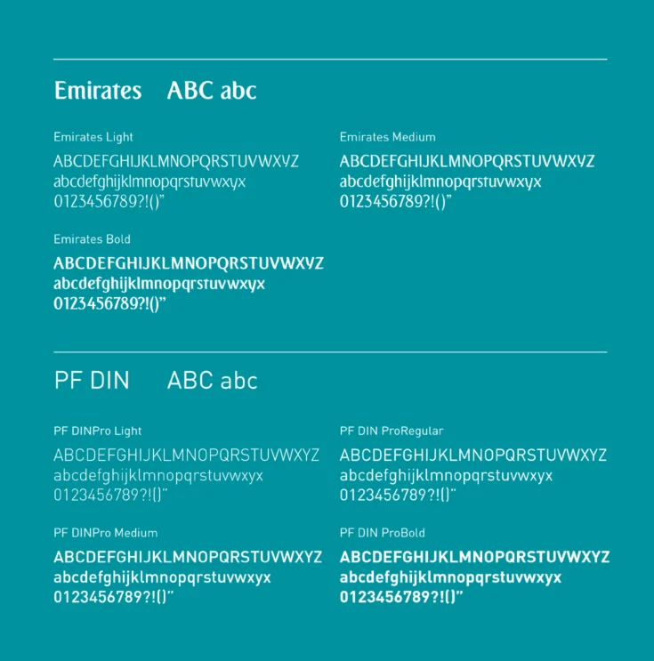 EFTA typography system — Emirates and PF DIN typefaces on the academy's teal brand colour