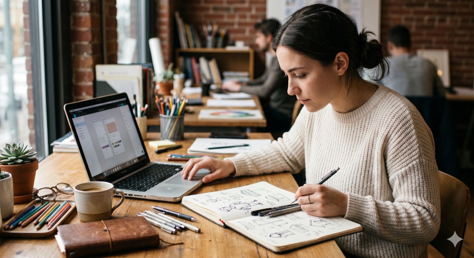 A designer sketching by hand beside a laptop