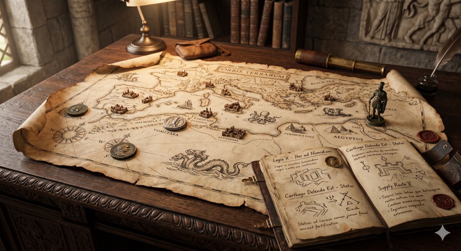 An antique map, coins and a journal of plans